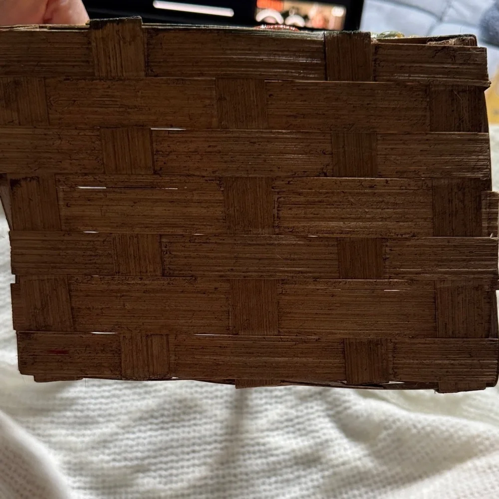 Wooden Basket with Bunny and Mushroom Design